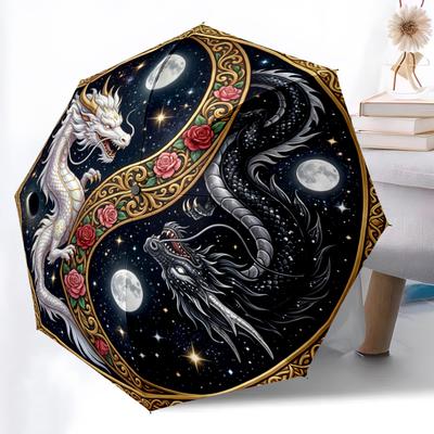 1pc Auto Open-Close 8-Rib Umbrella, YIN YANG Evil Dragon Umbrella for Outdoor Use - Compact for Camping and Hiking