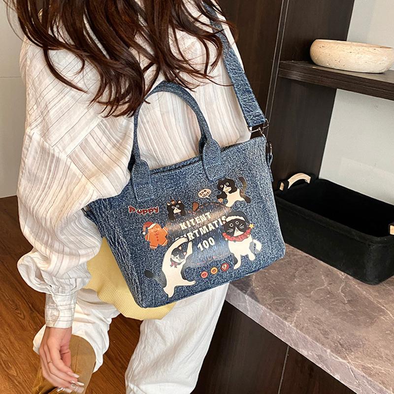 2025 New Trendy Cartoon Cat Print Denim Bucket Bag Versatile Casual Commuter Large Capacity Crossbody Shoulder Bag for Women