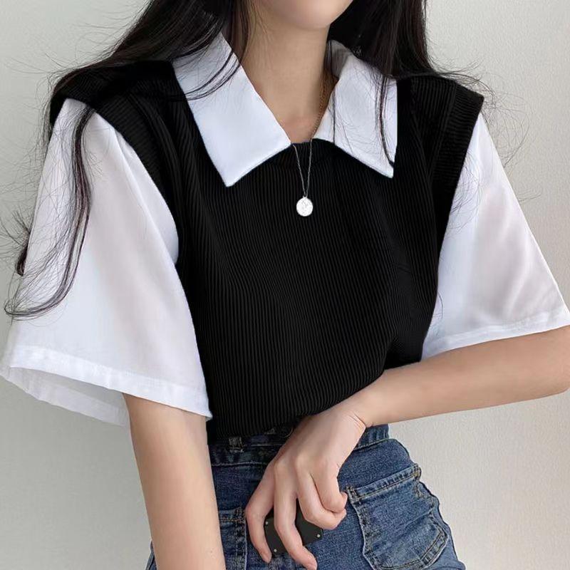 Women Spring Summer Solid Color Short Sleeved Polo Collar Fake Two T-shirt Loose Contrast Color Blouses Pullover Top S-XXL