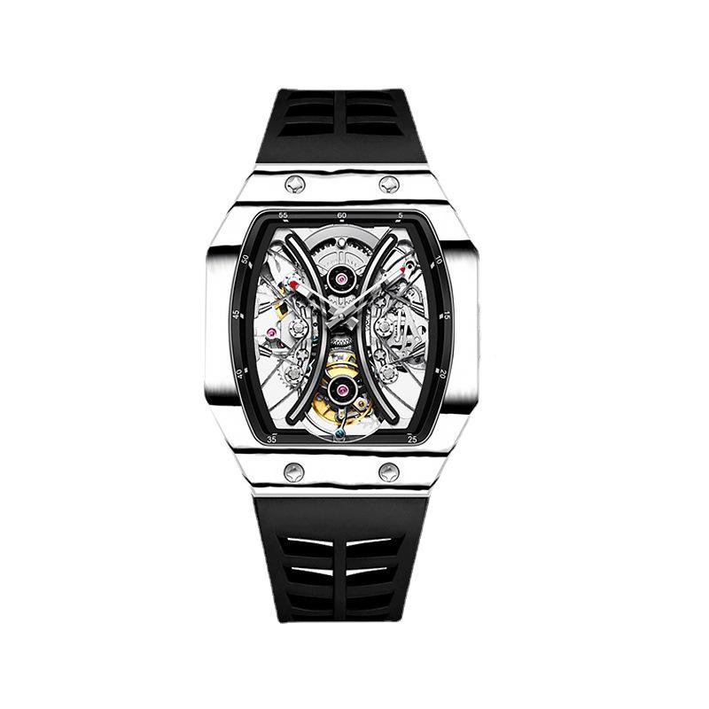 Ceas Mecanic de Modă Swiss True Tourbillon pentru Bărbați cu Curea de Cauciuc și Design Pătrat Gol