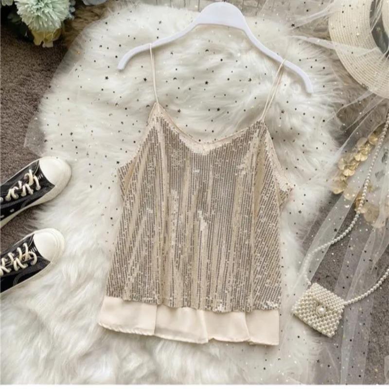 Sexy rückenfreies Pailletten-Camisole Damen Locker Ärmellos Kurzes Unterhemd