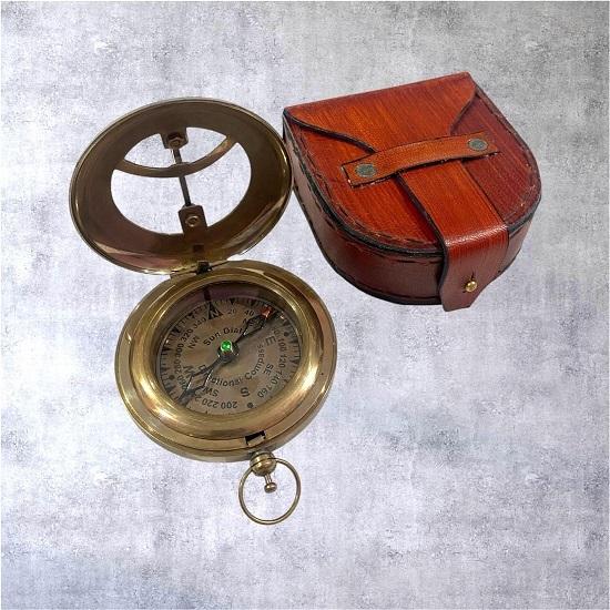 

Brass Sundial Compass with Leather Case Custom Engraved Nautical Valentines Day Gift, Couples