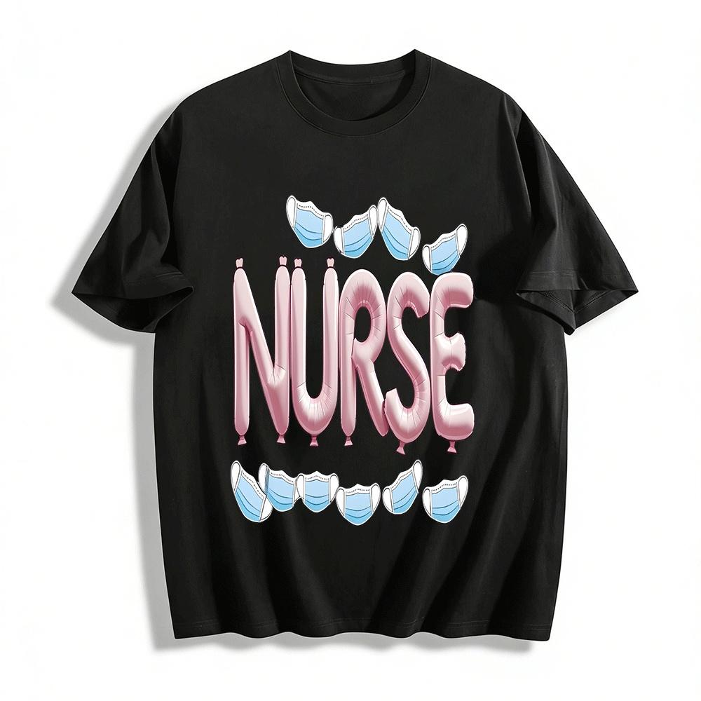 Funny Nurse Pink Balloon Letter Print Casual Top Pure cotton T-shirt XXS