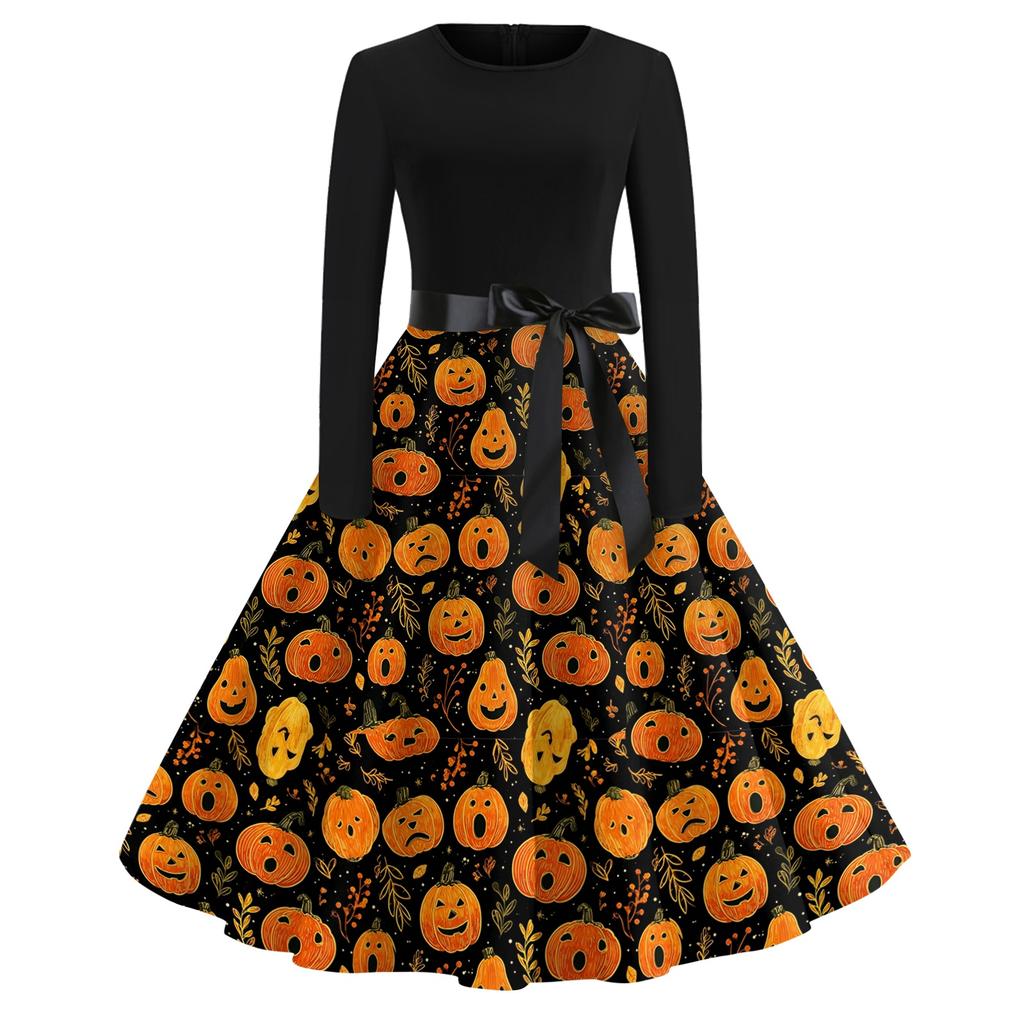 Women Casual Halloween Printed Round Neck Vintage Dress Long Sleeve Fit Flared Skirt Belted Waist Retro Style Dress for Autumn