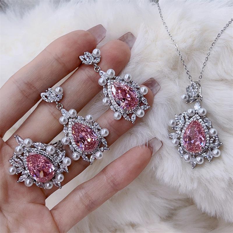 Elegant Pink Diamond & Pearl Three-Piece Jewelry Set: Necklace, Earrings, Ring - High-End, Sweet, Trendy Style