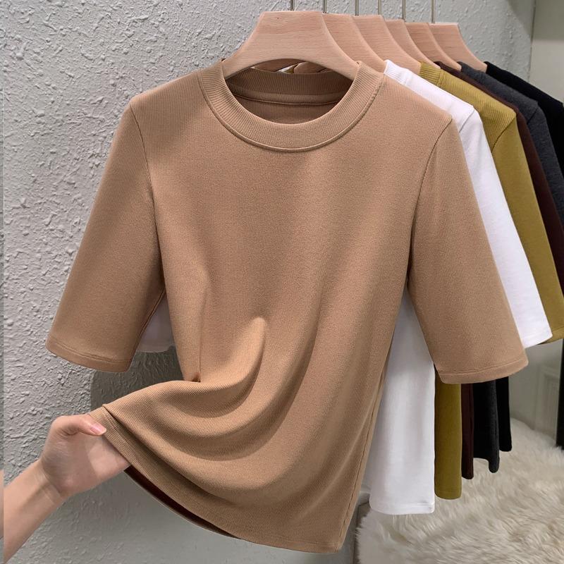 Women's new crew neck bottoming shirt solid color medium sleeve cotton slim fit with silk protein top