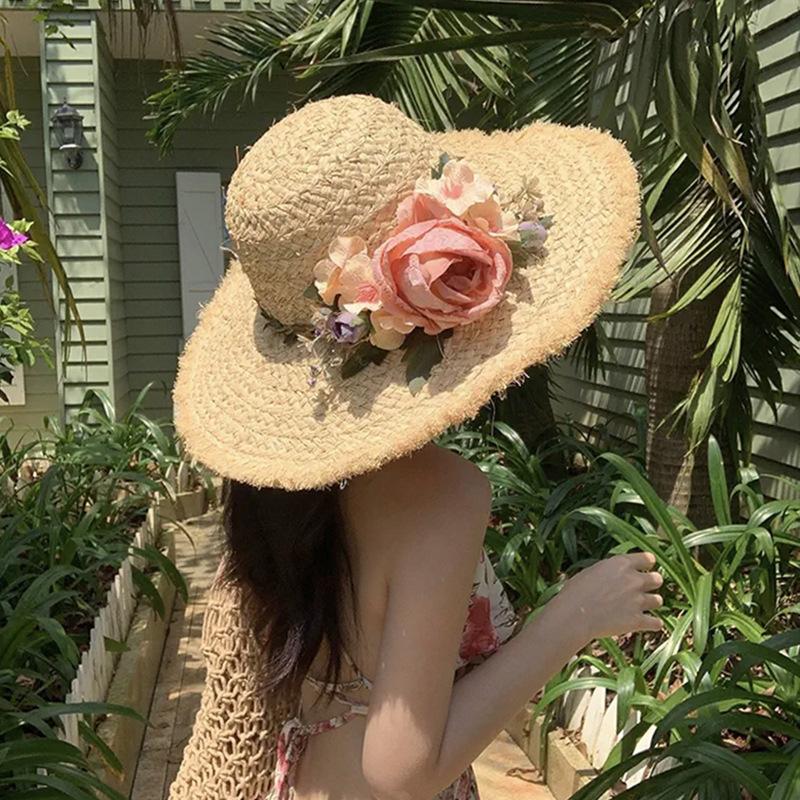 Women's Summer Floral Hand Woven Raffia Straw Hat French Style Wide Brim Sun Protection Hat Beach Vacation Sun Hat