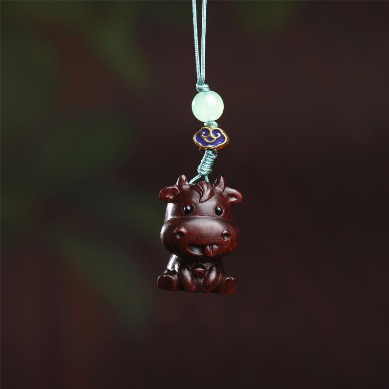 Cute Zodiac Cow Phone Charm & Keychain - Wood Carved Pendant Ornament Gift