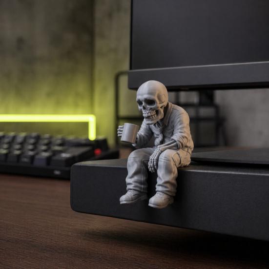3D Printed Sitting Skeleton Statue with Coffee Cup, Drinking Coffee Skull Figurine, Compact Desktop Decoration for Office Study Room Ornaments