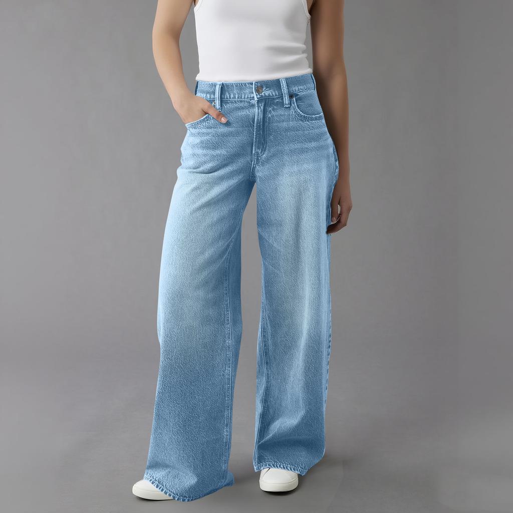 Womens High Waisted Jeans Stretchy Flared Straight Leg Loose Trendy Hem Denim Pants