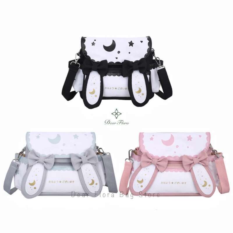 Y2K Cute Girl Lolita Bow Rabbit Shoulder Bag Women Star Moon Canvas Crossbody Bags Korean Kawaii Satchel Bag Sweet Messenger Bag