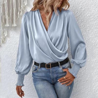 Lanterna manga longa plissada camisa solta senhoras elegantes mulheres cruz com decote em v blusa simples cor sólida casual topos roupas 29658