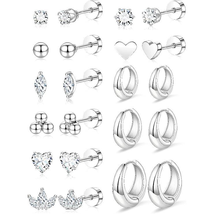 Flat Back Stud Earrings for Women Cartilage Helix Stainless Steel Earring Set for Sensitive Ears Piercing Tragus