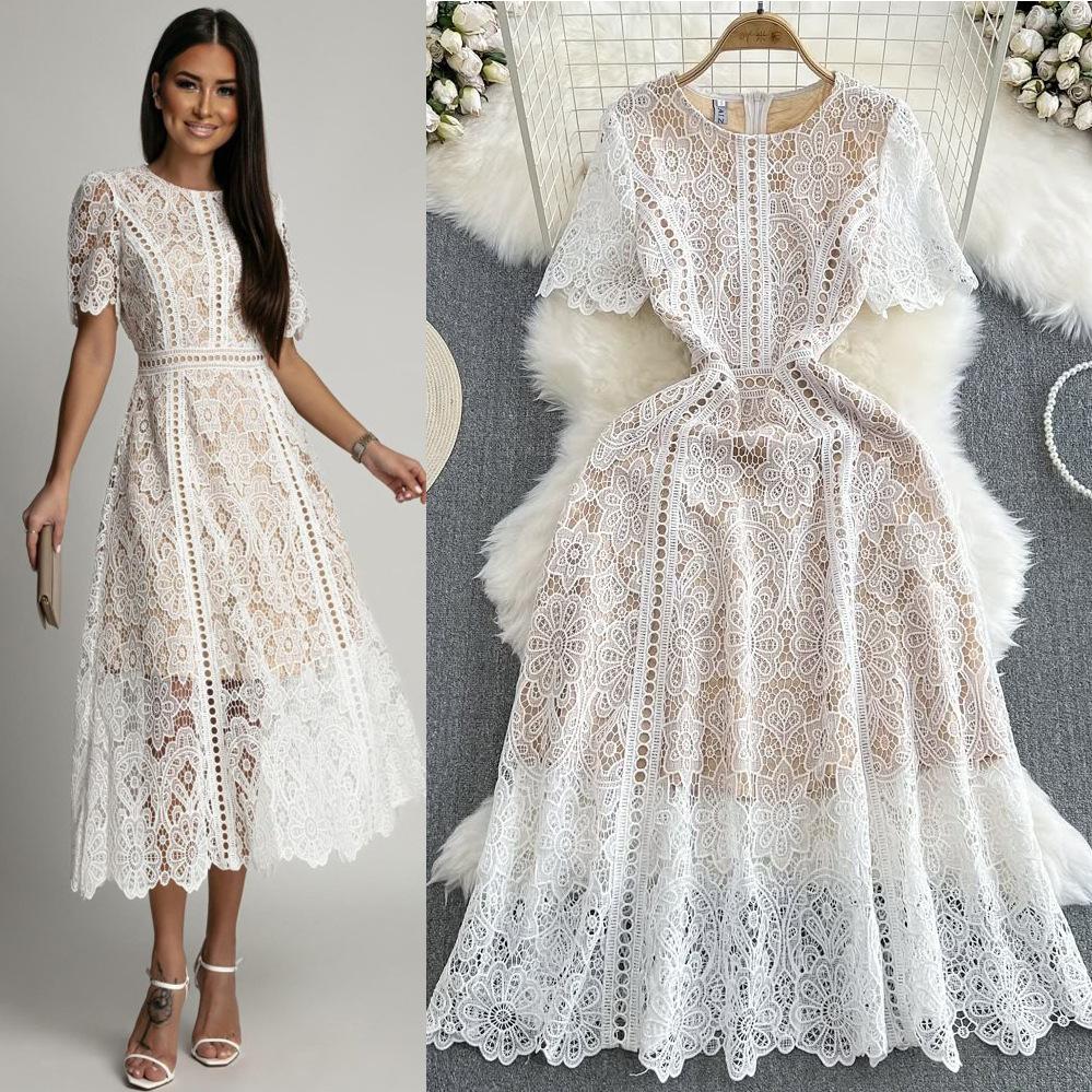 Summer Women's Vintage Casual Lace Dress O-Neck Butterfly Sleeve Zipper Hook Flower Hollow Slim Embroidery Long Dress