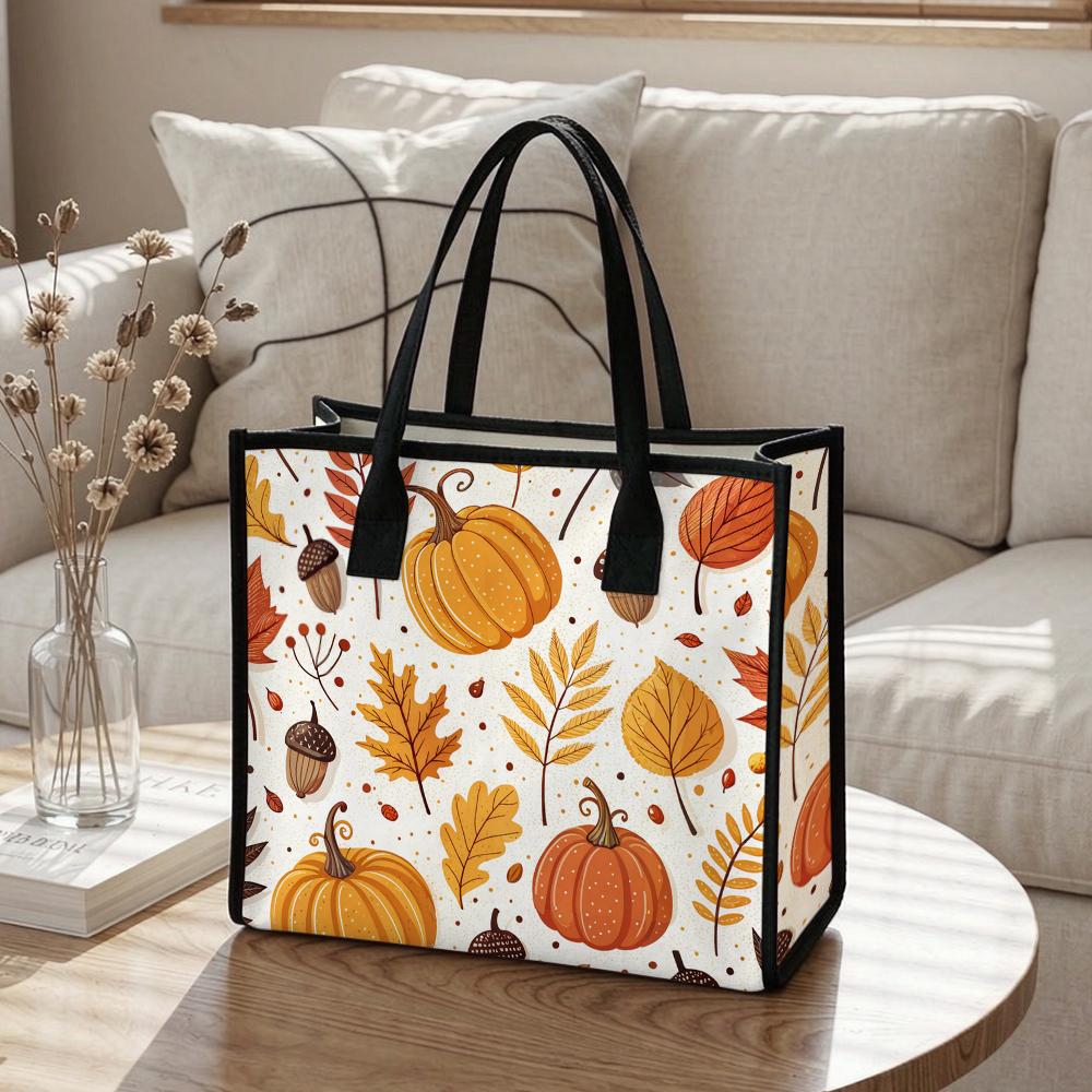 Autumn Pumpkin Leaf Pattern Tote Bag Casual Fashion Daily Shoulder Handbag for Women Lightweight Portable Shopping Grocery Bag Perfect for Fall Outdoo