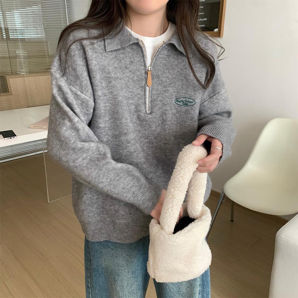 Damen Strick-Sweatshirt im japanischen College-Stil mit Polokragen - Weiches, klebriges Oberteil mit halbem Reißverschluss und langen Ärmeln für Herbst/Winter.