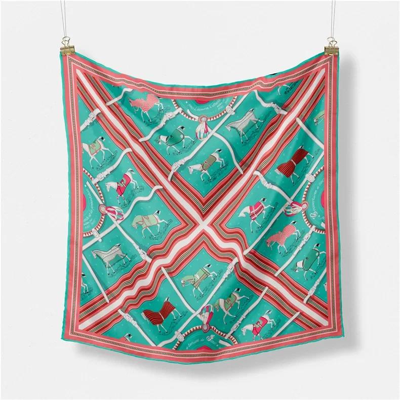 Luxury Horse Print Silk Square Scarf Women Spring Neck Tie Shawl Wraps Female Hair Hand Wrist Headkercheif Hijab Bandana