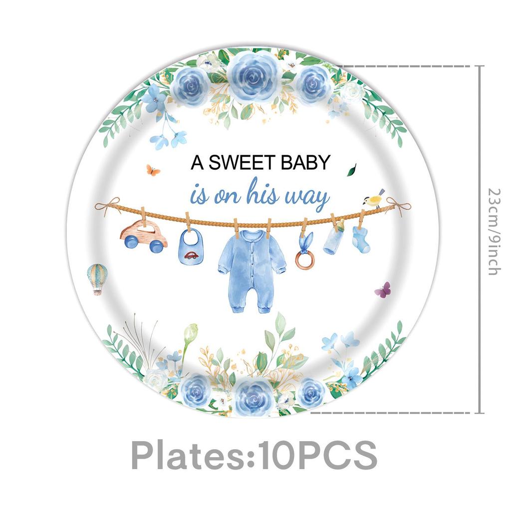 Blue Watercolor Little Boy Birthday Party Disposable Tableware Set: Plates, Cups, Napkins