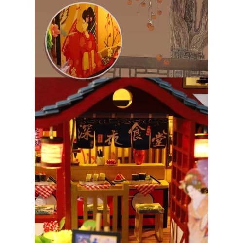 moin moin 1/24 scale dollhouse miniature DIY kit set featuring a Japanese-style inn (Wakii) with a focus on Japanese cuisine, featuring a late-night d