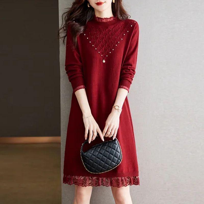 Lace Knitted Dress for Women In Autumn and Winter Large-sized Half Turtleneck Knitted Sweater Loose Mid-length Sweater Dress