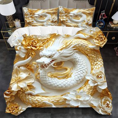 3-teiliges Goldenes Drachen Bettwäsche-Set (1 Bettbezug + 2 Kissenbezüge, Ohne Füllung), Hochauflösender Druck Exquisiter 3D-Stil