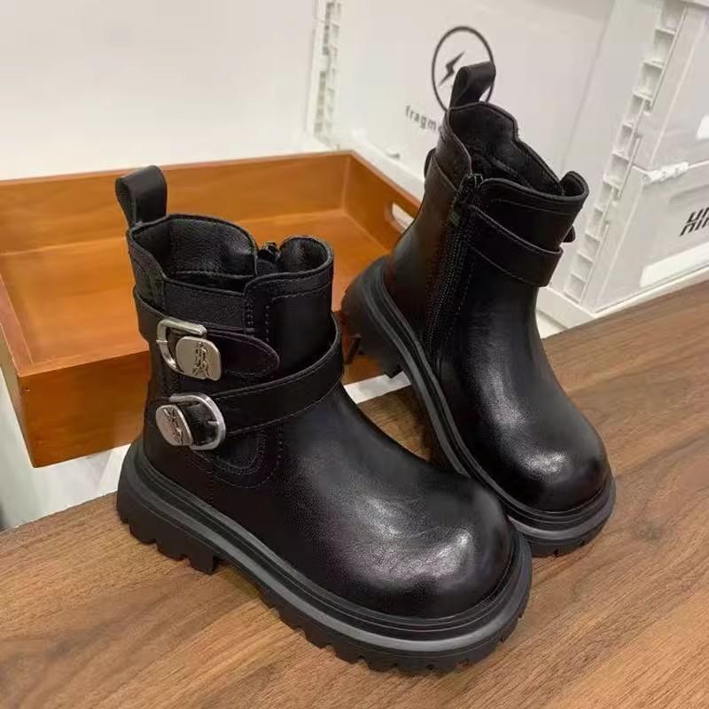 Autumn/Winter Fashionable and Versatile Leather Boots for Girls British Style Fleece-lined Short Boots Non-slip Soft-soled Cotton Boots