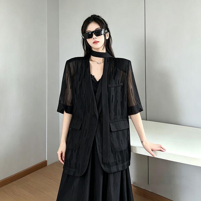 

Women Summer Thin Jacquard Short Sleeve Heavy Textured Loose Collarless Blazer Jacket Casual Fashion Outerwear for Summer Daily Wear XL чорний