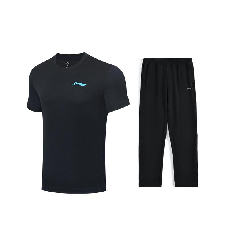 Li-Ning Plain Logo Simple Versatile Comfortable Breathable Pullover Short Sleeve Casual Sports Suit Unisex suit Black AHST347-1+AKLU881-1