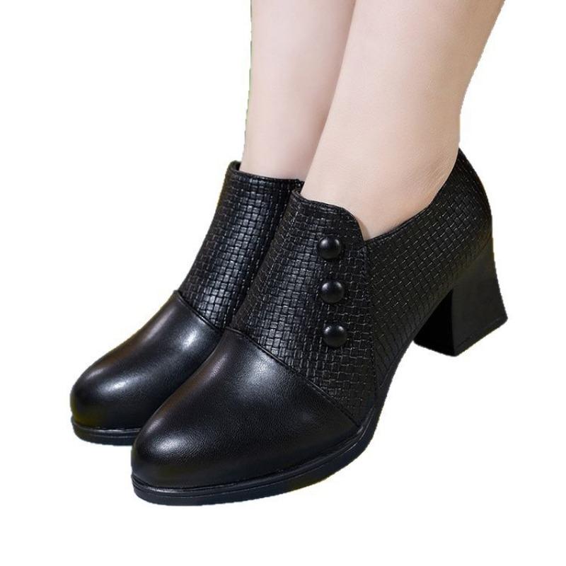 Single Shoes Women's Spring and Autumn New Thick Heel Pointed Small Leather Shoes Side Zipper