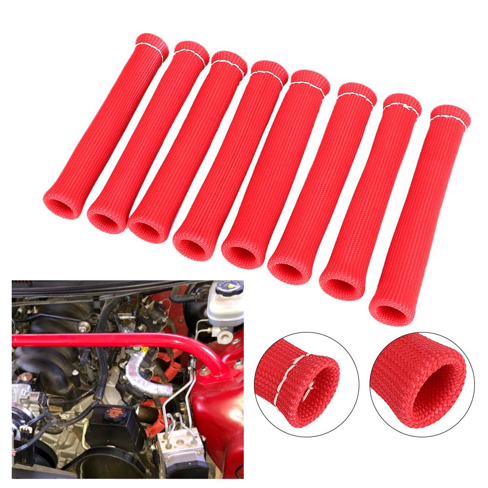 8pcs 1600 Degree Spark Plug Protector Red Wire Boot Heat Shield Cover Insulator for Car Truck