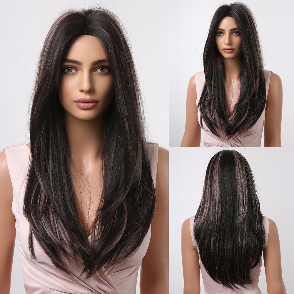 HENRY MARGU Ombre Dark Black Brown Synthetic Wigs with Bangs Layered Hair Wig for Black Women Party Cospaly Heat Resistant