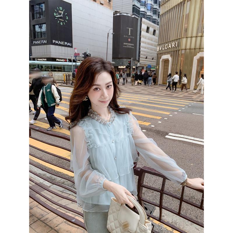 Camicetta da Donna in Chiffon Ruffles e Strass Stile Francese