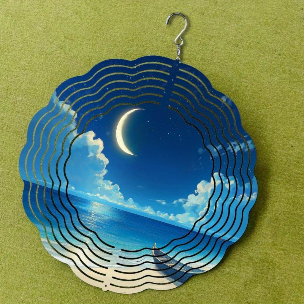 Küstenbrise Windrad: Drehende Metallkunst mit nächtlicher Hafenszene