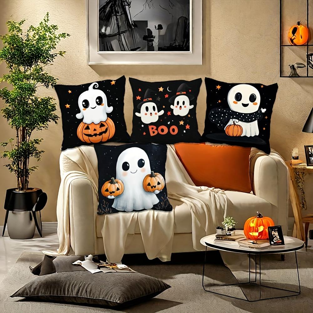 4pcs Halloween Throw Pillow Covers, Warm & Cozy, Black with Ghost & Pumpkin Print, Zippered, Machine Washable