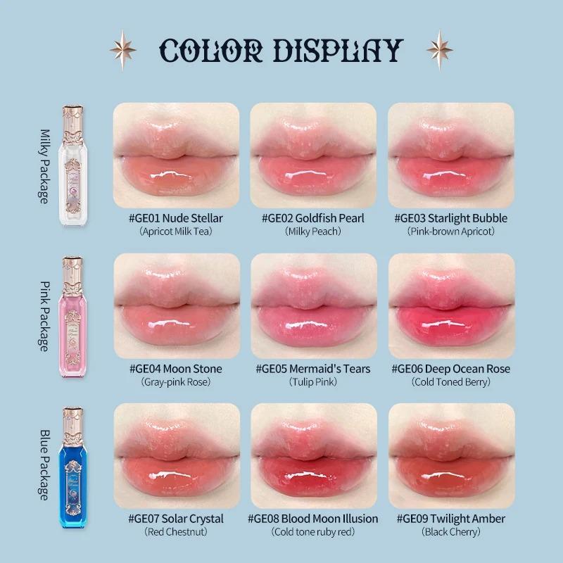 Flower Knows Mermaid da Lua Gloss Labial Transparente Coleção Brilho Labial Pedra Preciosa Hidratante Espelho Lábios Preenchedor Gloss Maquiagem 3.5ML