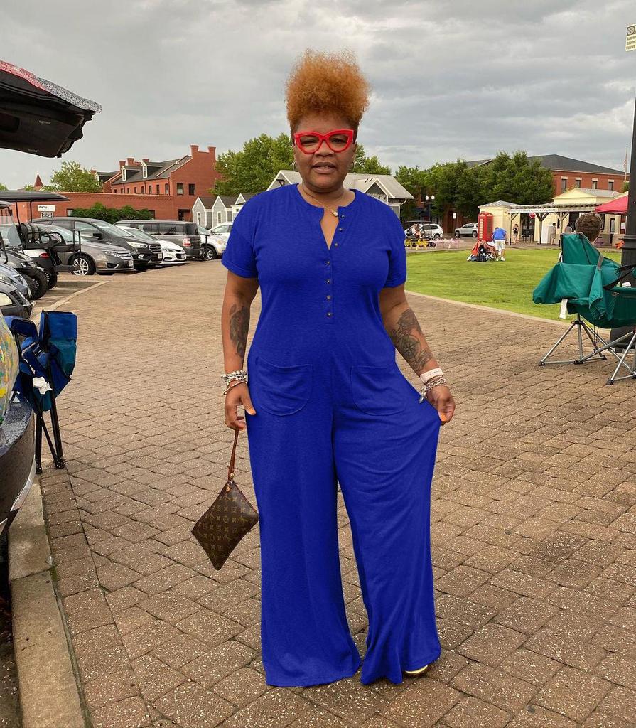 Plus Size Women's Fashion Casual Button Jumpsuit - European and American Style