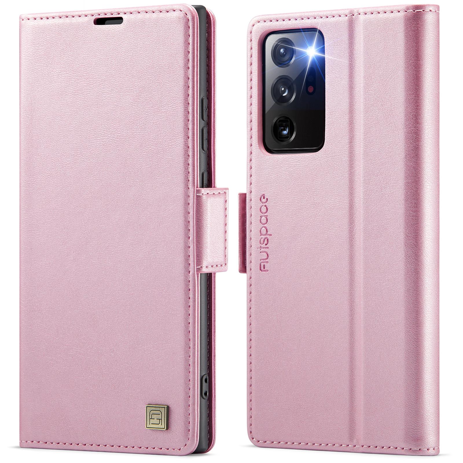 

For Samsung Galaxy Note20 Ultra Case AUTSPACE A11 RFID Blocking Retro Leather Cell Phone Wallet Cover Pink