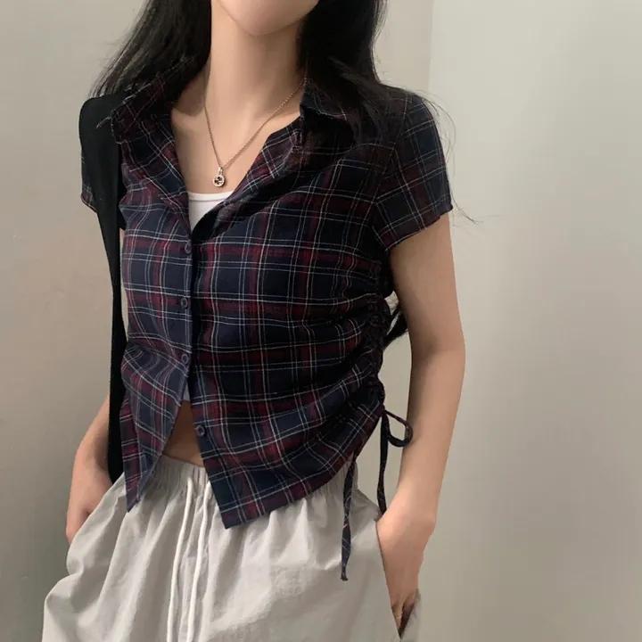 

Harajuku мода плиссированная клетчатая рубашка тонкий женский уличный винтажный сборчатый рубашки офисные женские шикарный дизайн повседневные топы 2024 новый L темно-синий