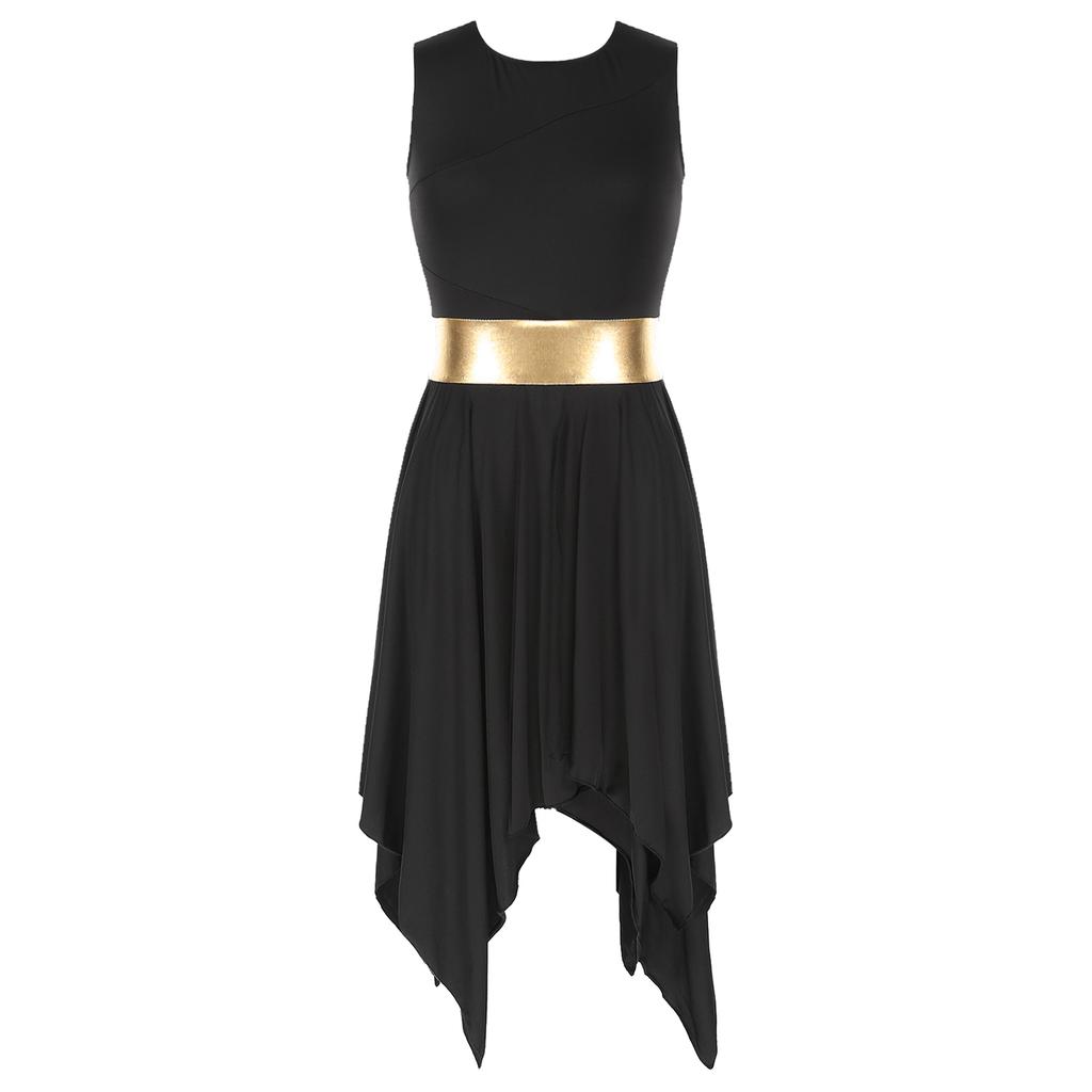 Womens Color Block Dance Dress Sleeveless Round Neck Design Asymmetrical Hem Performance Party Wear