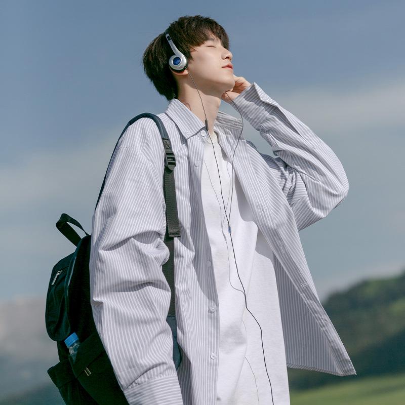 

Мужская японская полосатая рубашка с длинным рукавом - Весна/Осень, стиль Гонконг, трендовая повседневная верхняя одежда свободного кроя XXL чёрный