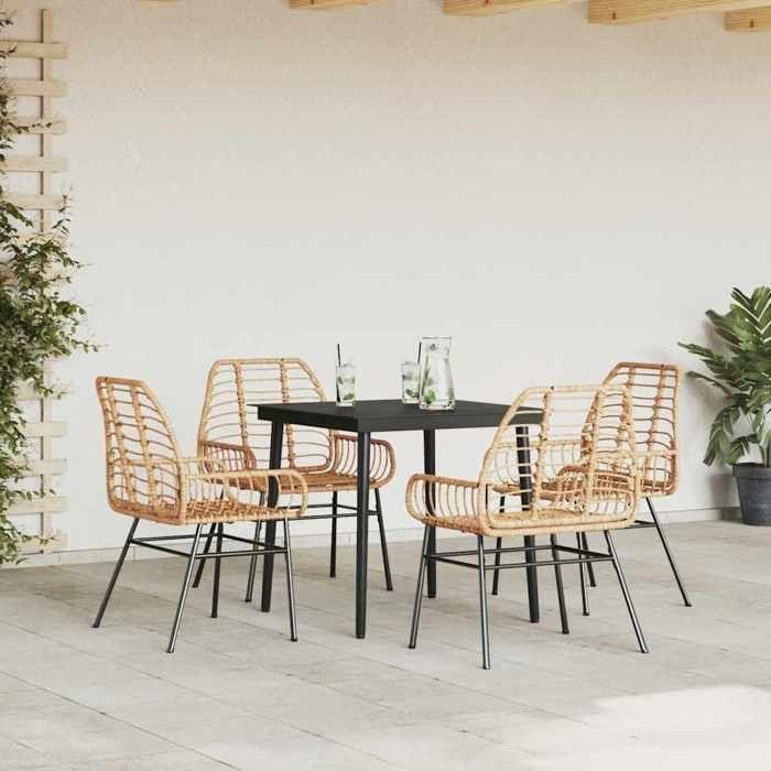 VidaXL 5pcs Brown Poly Rattan Glass Garden Dining Set, Outdoor Dining Set, Dining Room Furniture 3334444
