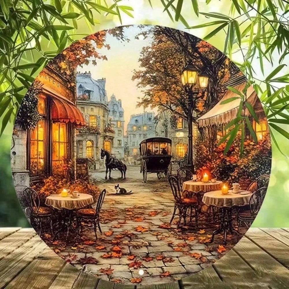 Vintage Metal Sign Round 8 Inch Autumn Street Scene Wall Art for Home Kitchen Bar Decor