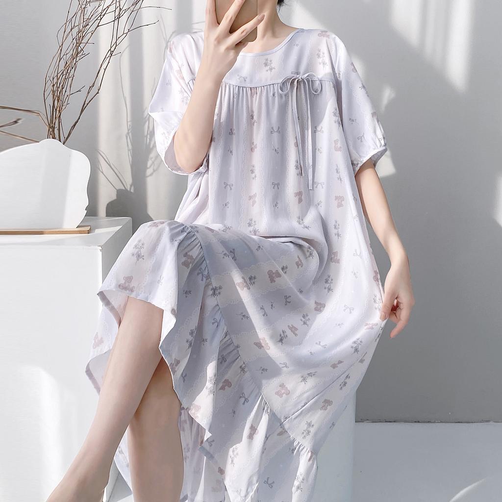 Retro polka dot cotton and silk nightdress women's summer loose large size literary and artistic fan medium and long loungewear can be worn outside