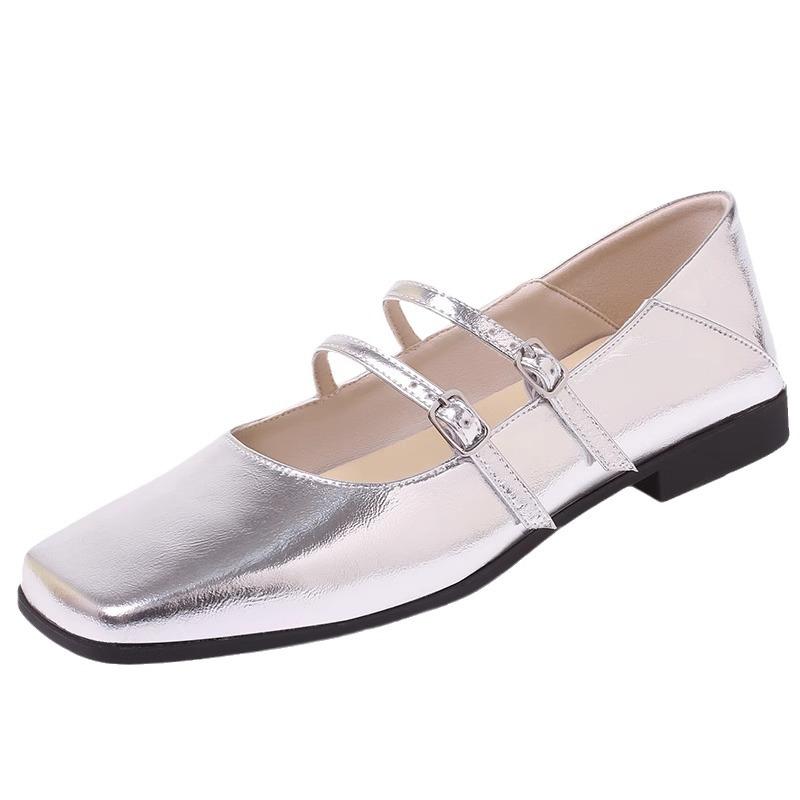 Französischer Abendwind silberne Einzelschuhe Damen flach 2025 Frühling neu Temperament Fee Pendler eckiger Kopf flacher Ausschnitt Mary Jane