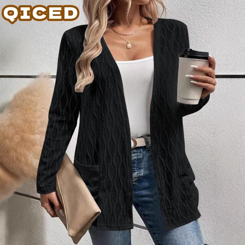 QICED Women's Vintage Casual Solid Color Print Autumn Winter Long Sleeve Jackets & Coats