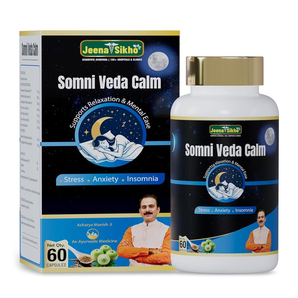 Jeena Sikho Somni Veda Calm Capsules Ashwagandha Jatamansi Tagar Ayurvedic Relaxation 60 Capsules Non Melatonin