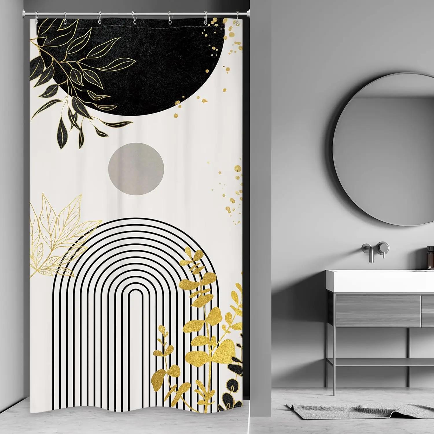 

Bohemian Navy Shower Curtain Mid-Century Modern Abstract Gold Foil Geometric Tropical Bathroom Decor Neutral Arch Waterproof W90xH180cm