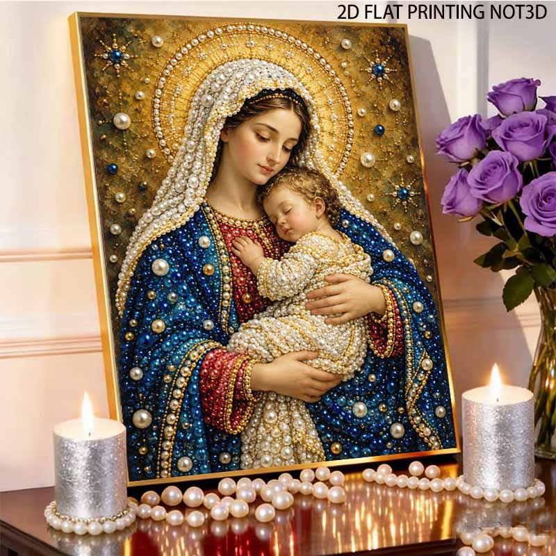 DIY Framed Pearl Bead Art Kit Religious Mother Mary Pattern Sparkling Canvas Painting for Modern Room Wall Decor Gift