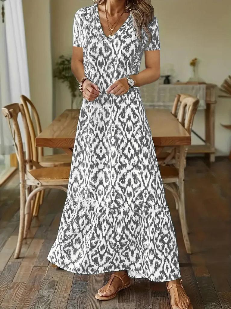 European and American Independent Station Autumn and Winter Fashionista Casual Sweet Loose V-Neck Printed Medium Sleeve Long Dress