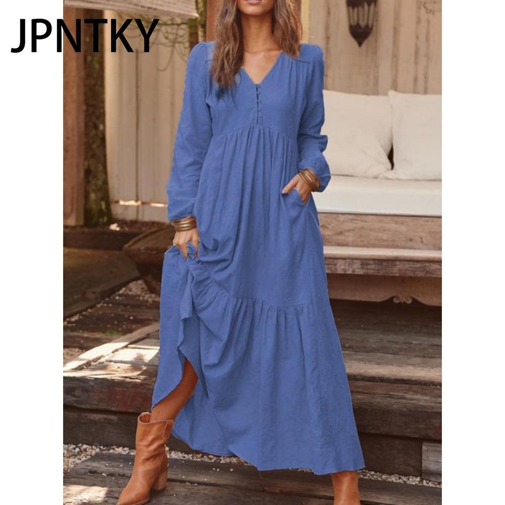 JPNTKY Women's Cotton Maxi Dress Long Sleeve Ruffle Pocket